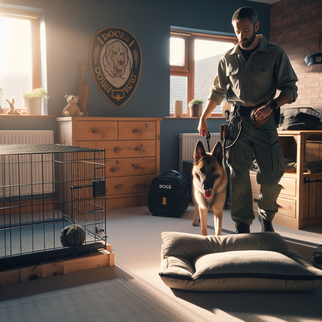 Trainer runs a calm pre-trial rest routine with a working dog using crate and place in a UK home