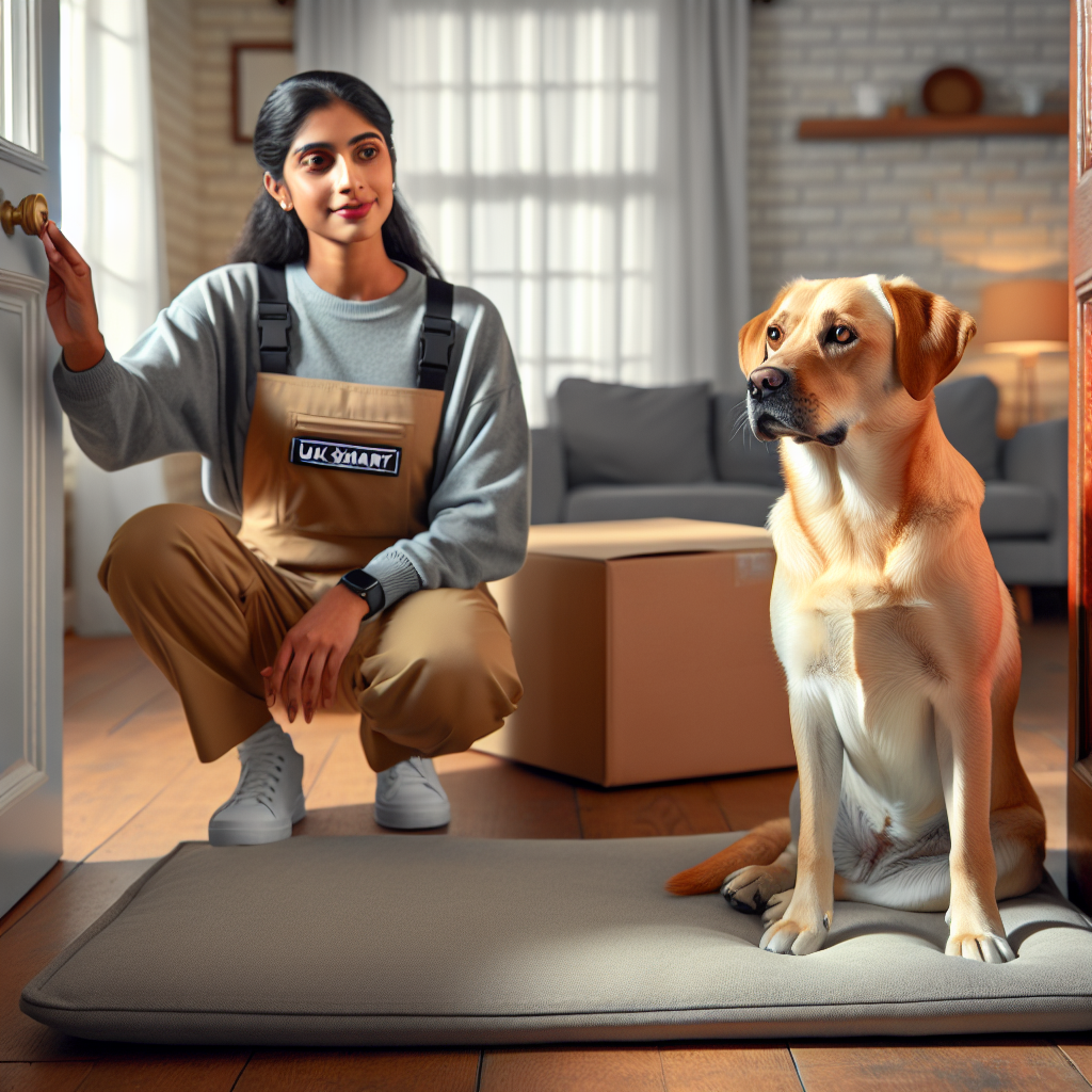 Trainer coaching a Labrador mix to hold a calm stay on a place bed as a delivery arrives at the door