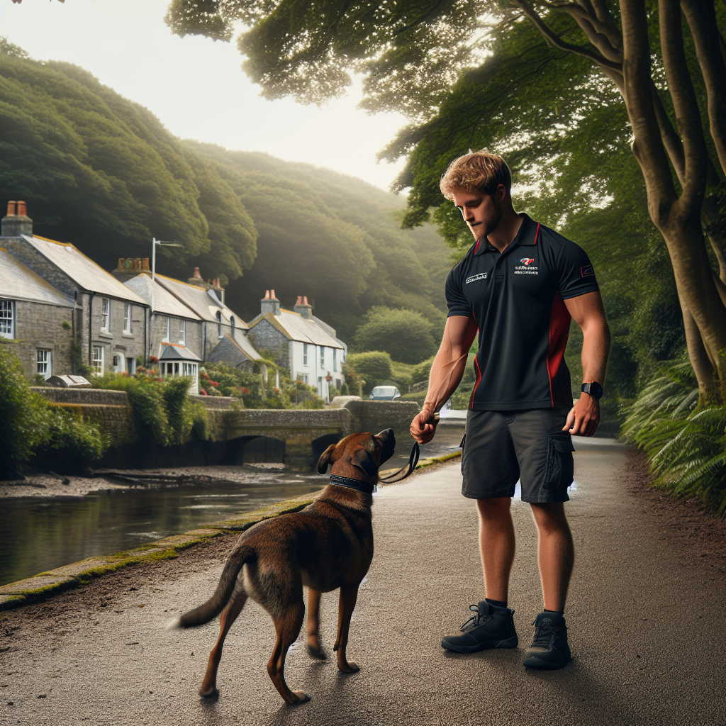 Trainer practising heel and recall with a dog by a riverside path in a Cornish town