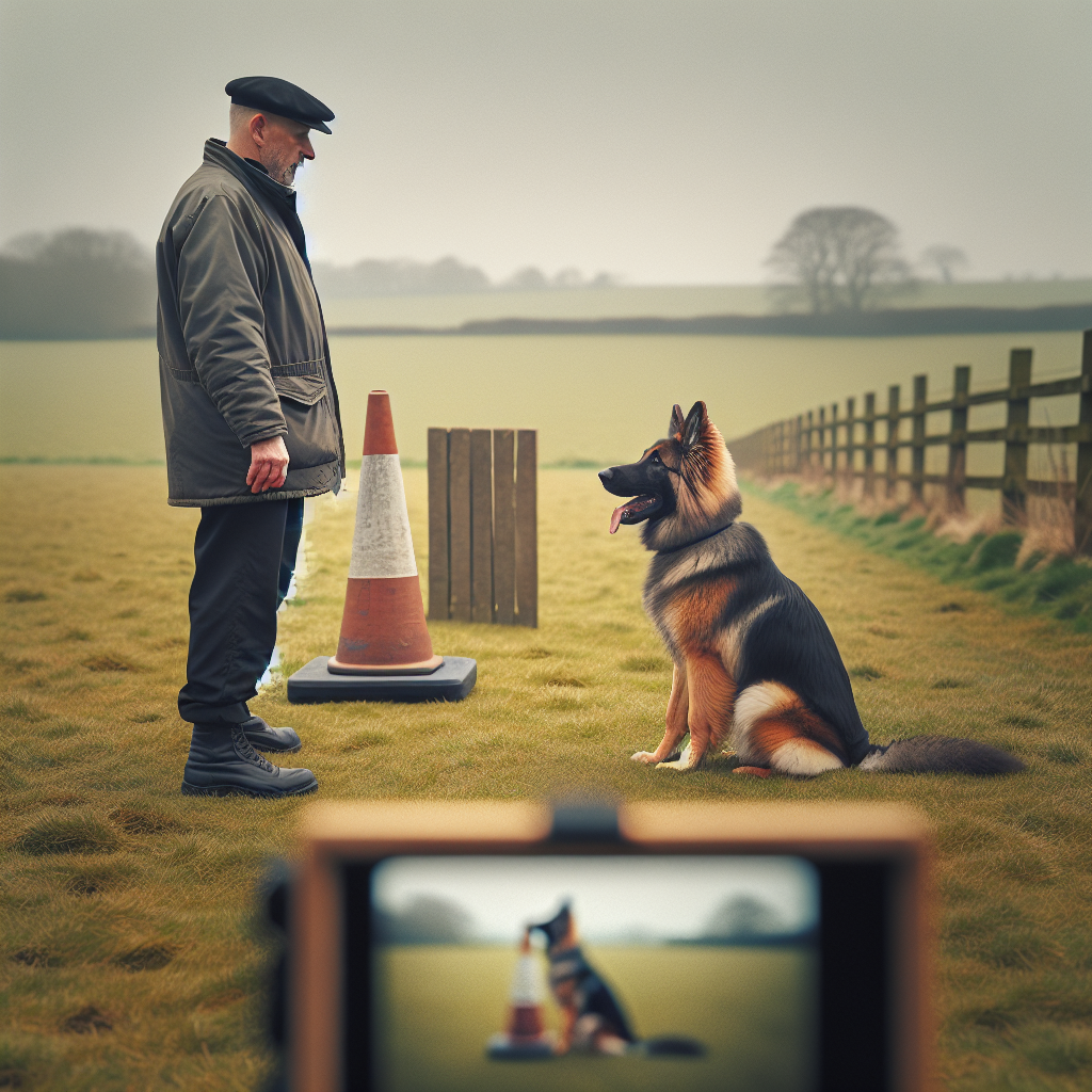 Smart trainer practising distance obedience with a focused dog at ten metres in a UK field with cones and a place board