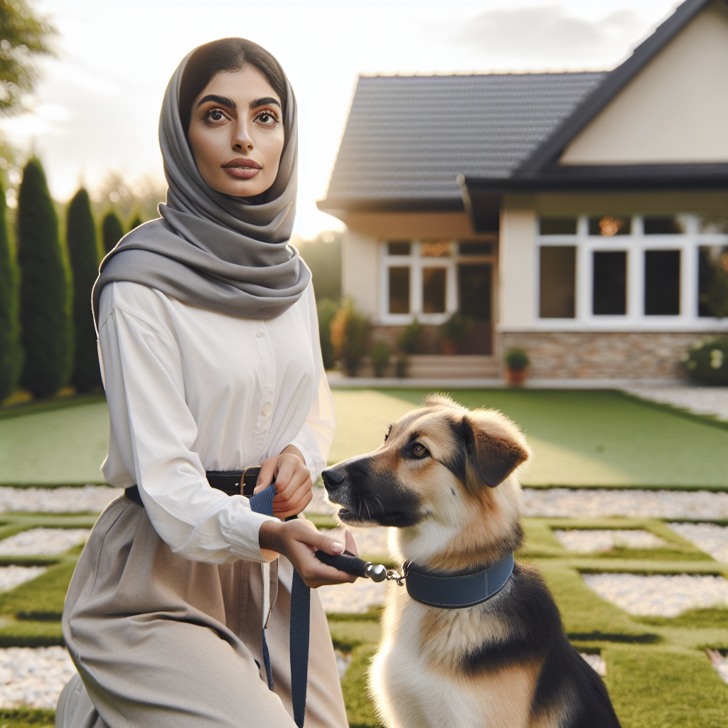 Trainer guiding an adolescent dog on loose lead walking and place training in a UK garden