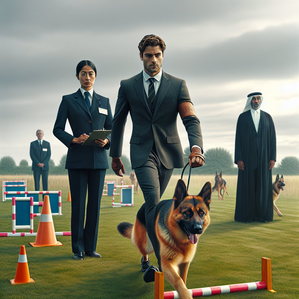 Handler and German Shepherd heeling past a steward and judge during a mock trial on a UK grass field