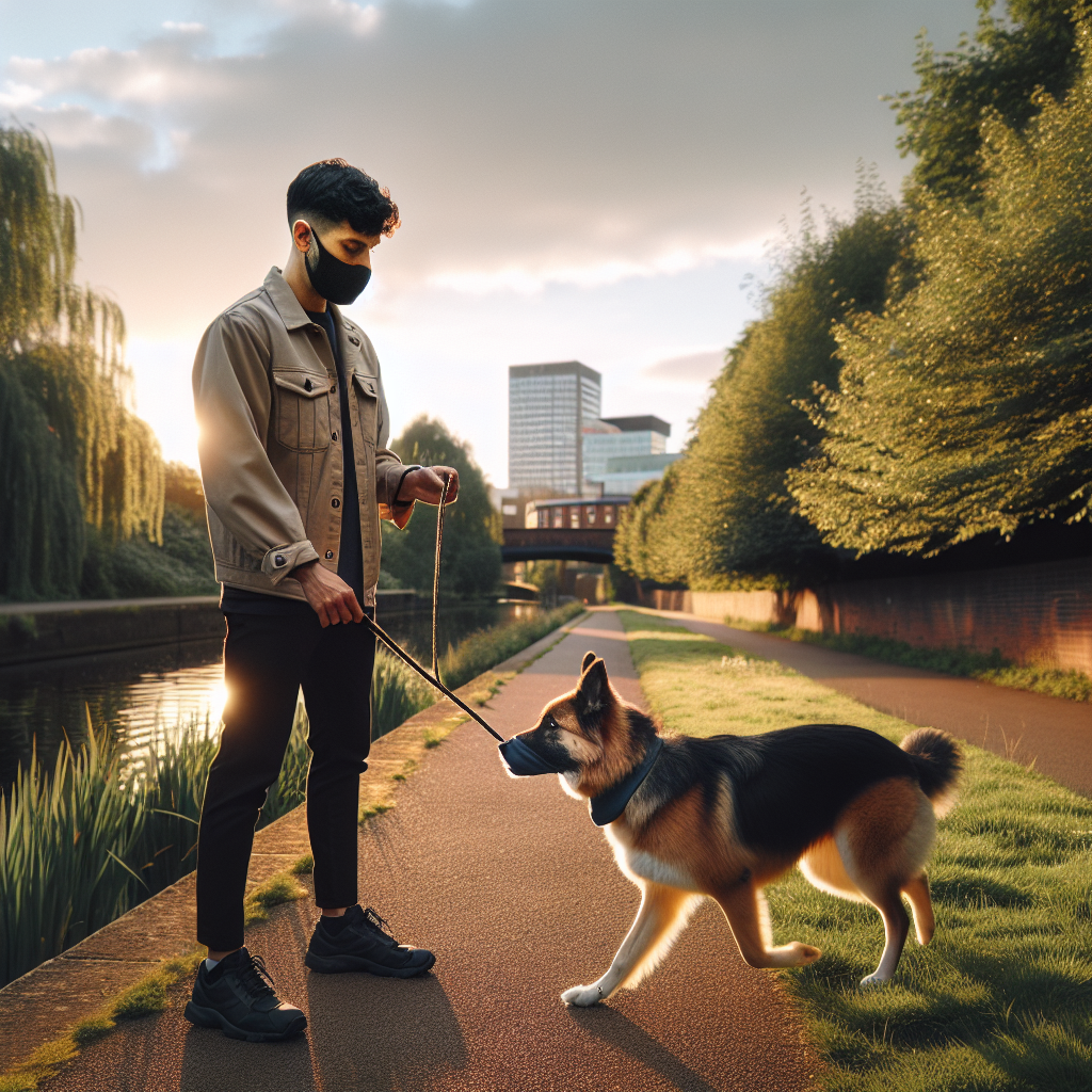 Trainer guiding a calm shepherd mix in heel beside a Wolverhampton canal path
