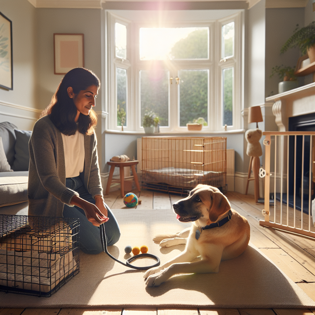 Dog relaxing on a mat near an open crate with a trainer guiding calm free access in a UK home