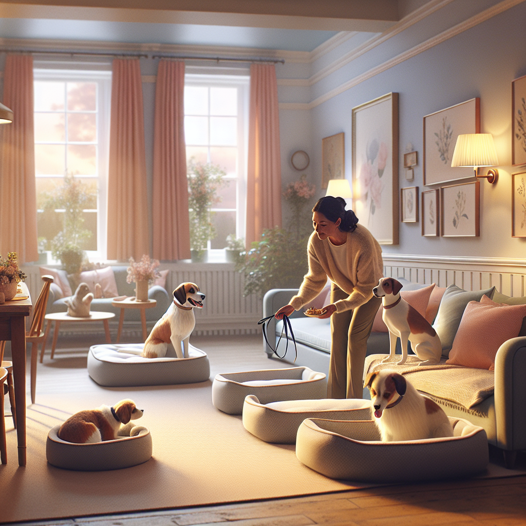 Trainer guiding multiple dogs to individual place beds in a calm UK home