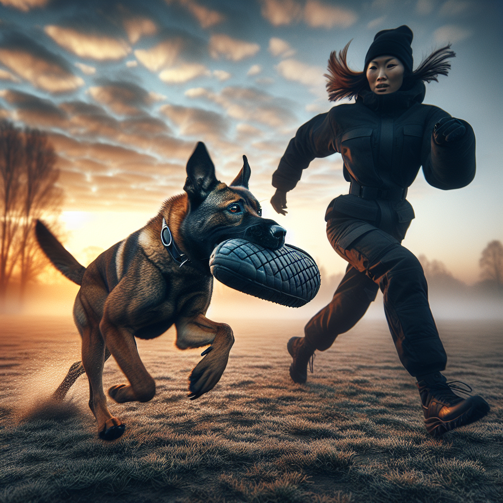 Working dog sprinting toward a helper with bite sleeve on a UK field at sunrise, showing focus and power