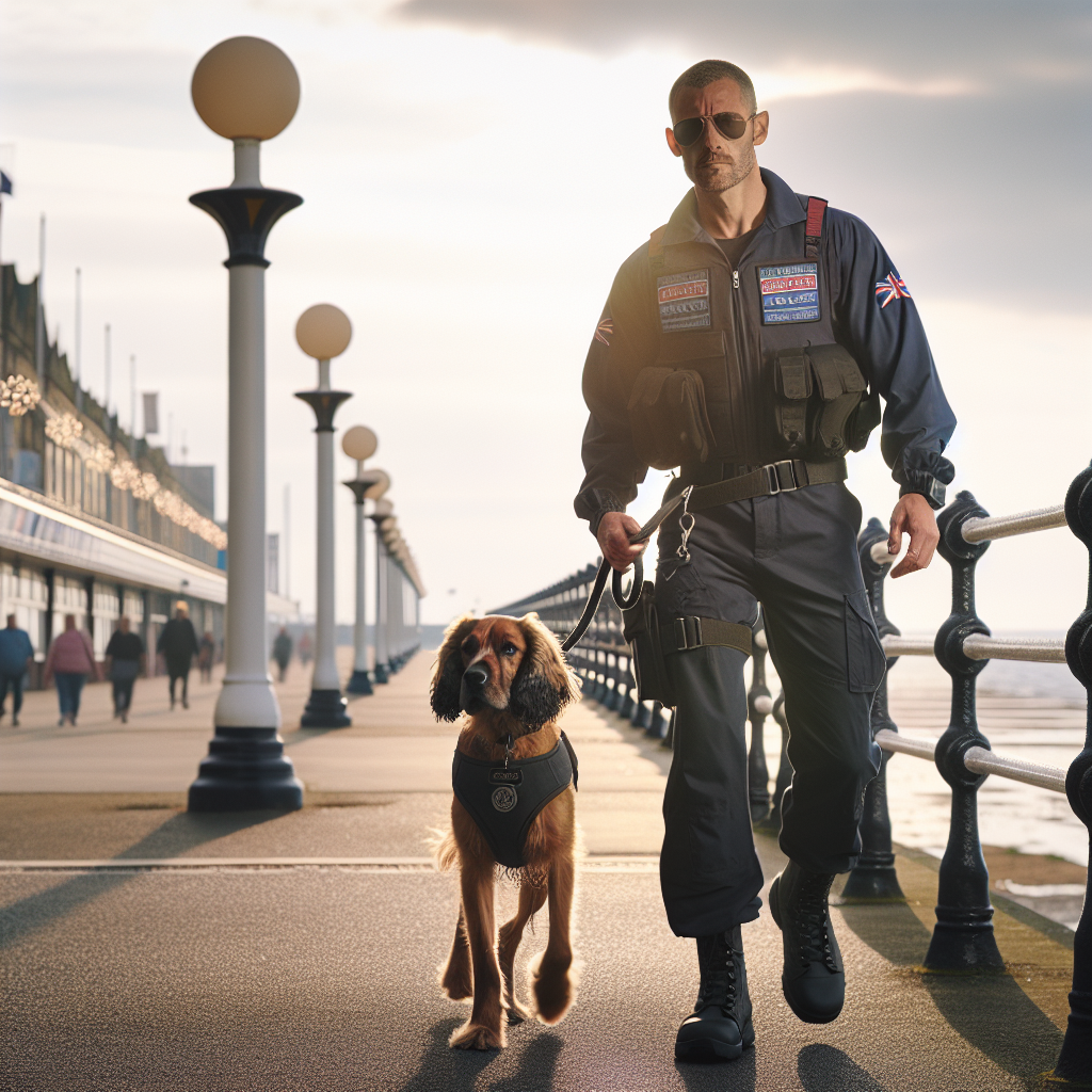 Smart trainer teaching loose lead walking with a dog on a Blackpool promenade at sunset