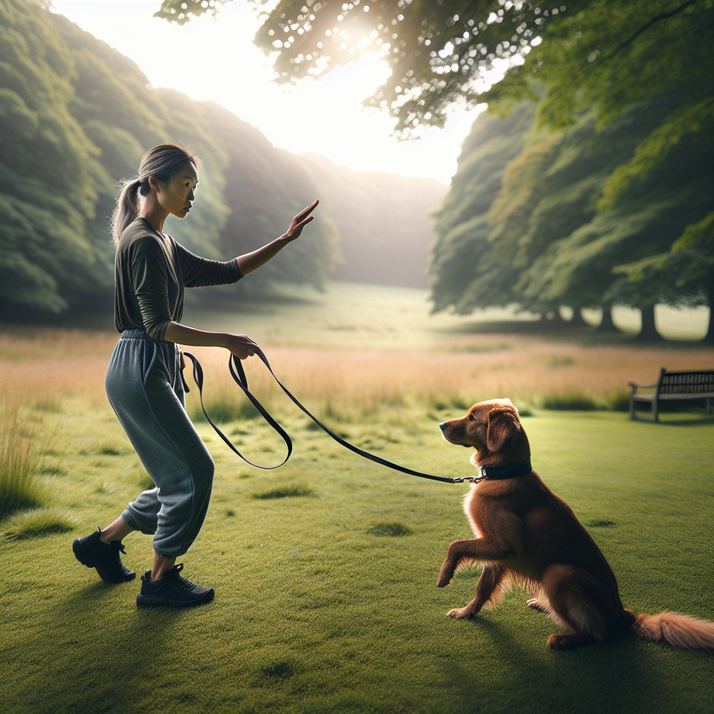 UK trainer guiding a dog to down at distance with a long line in a grassy park