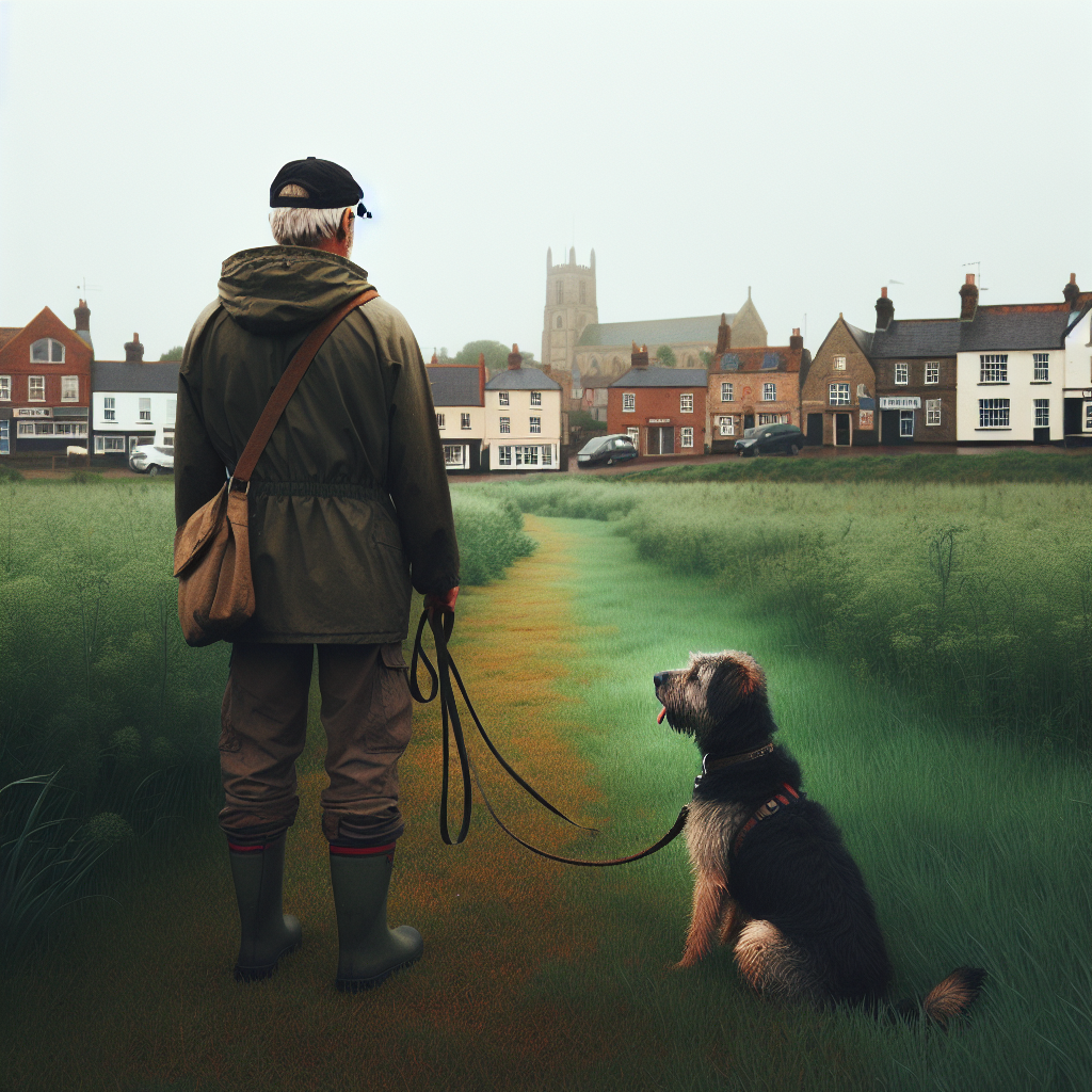 Trainer in Dereham practising loose lead walking and recall with a mixed breed dog in a green open space
