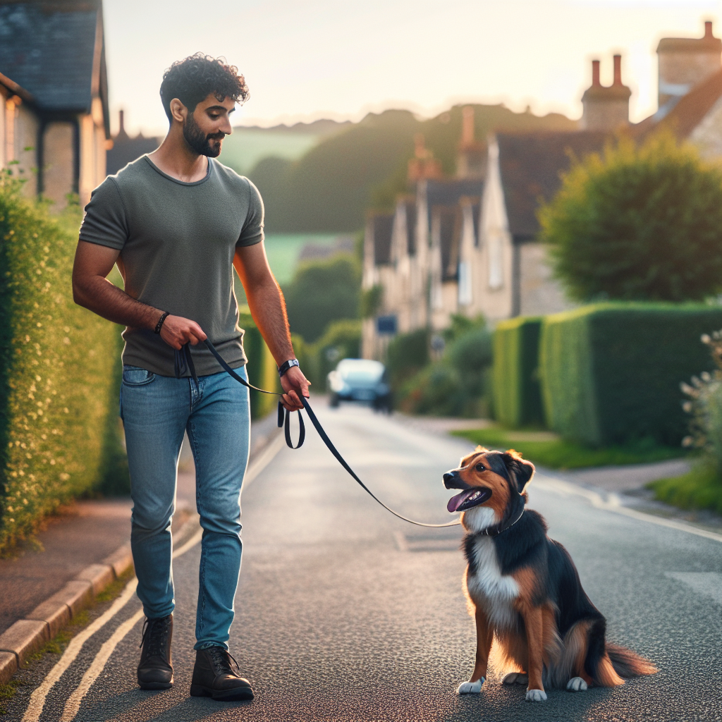 Trainer practising loose lead walking with a mixed breed dog on a quiet Lutterworth street near a green space