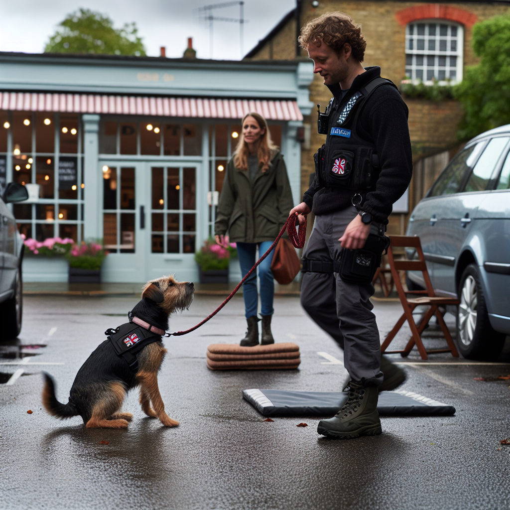 UK trainer guiding a mixed breed dog from car to cafe mat with calm, consistent focus