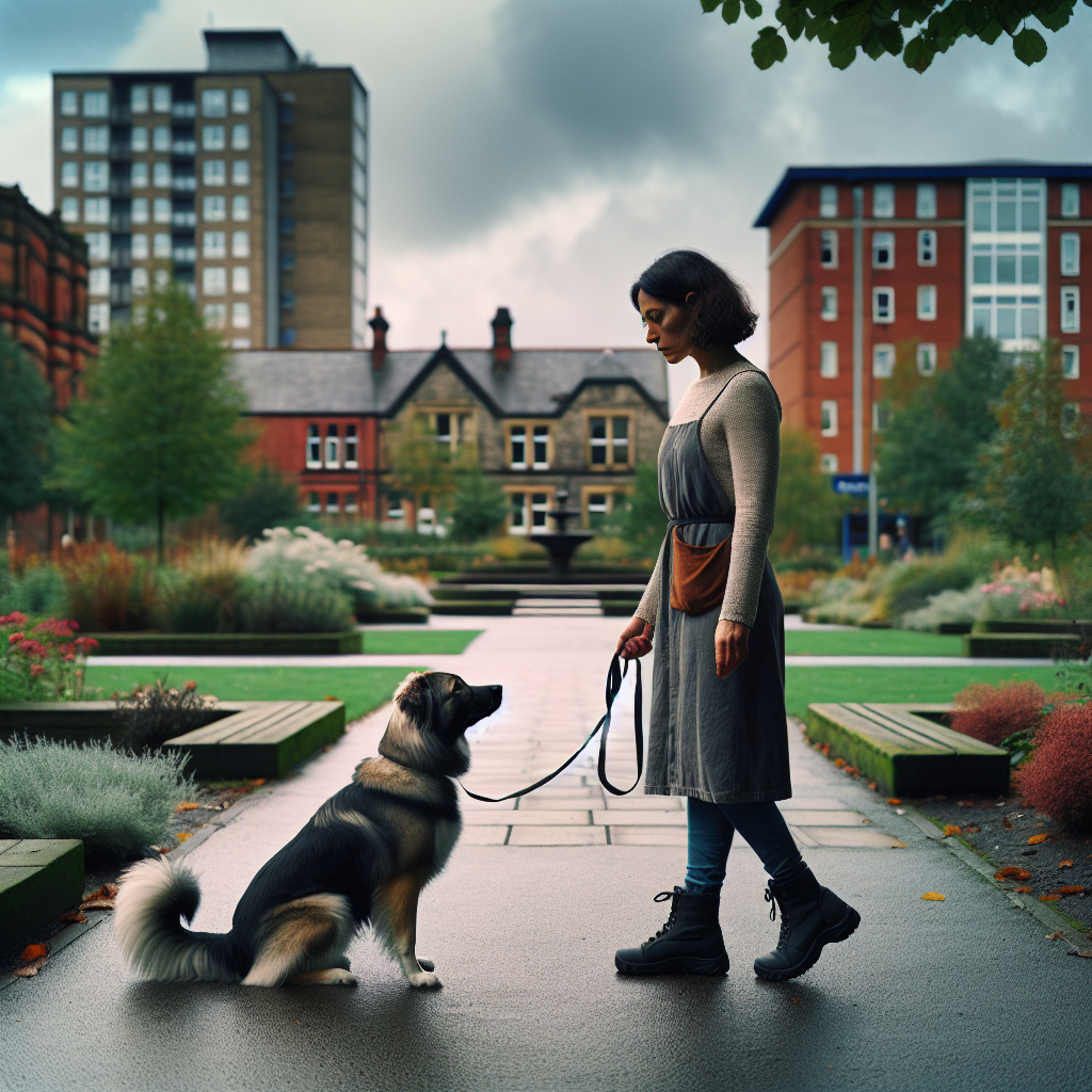 Trainer practising loose lead walking and a sit-stay with a mixed-breed dog in a UK park