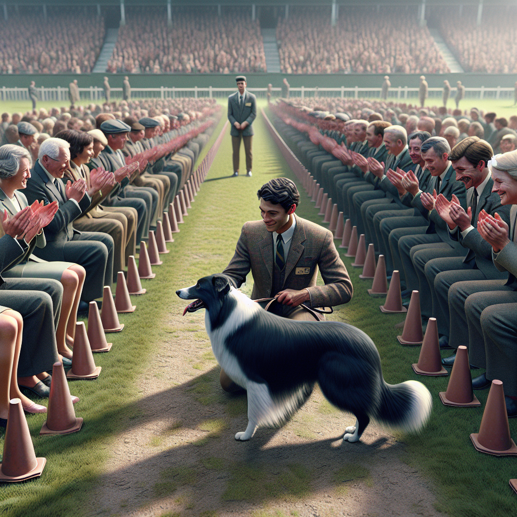 Trainer and working dog practising focus beside a ring while a small crowd moves and claps at a UK trial
