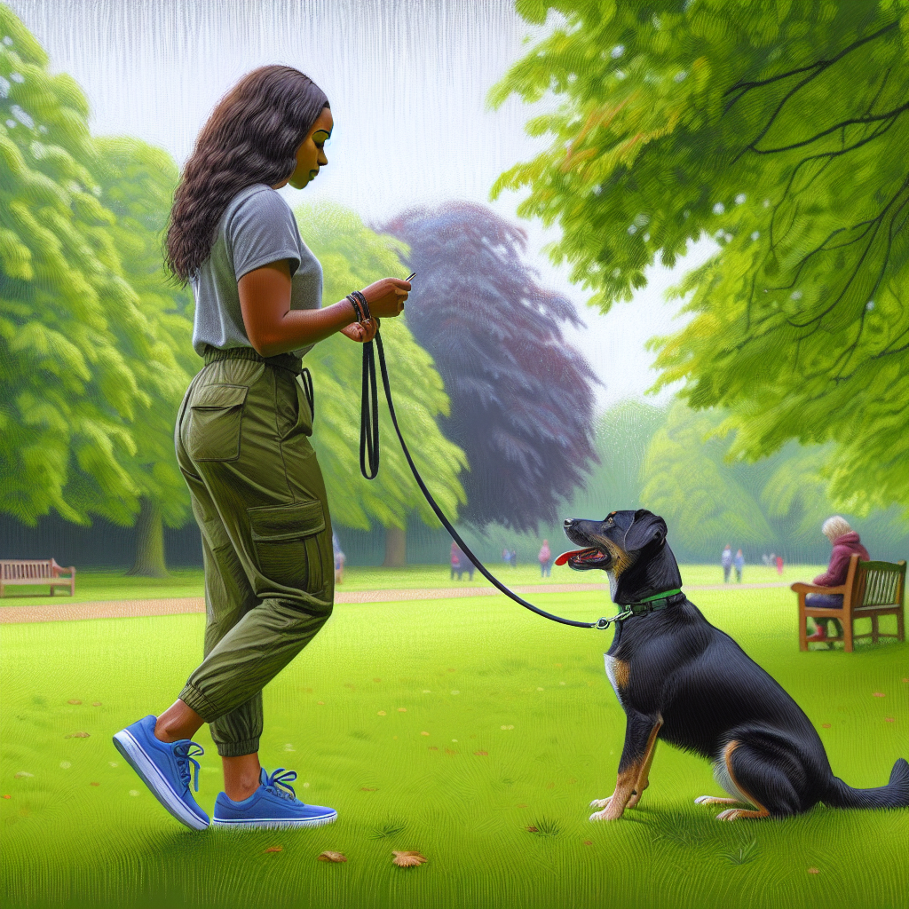 UK trainer coaching a calm recall return as a mixed breed sits neatly at the handler’s left leg in a park