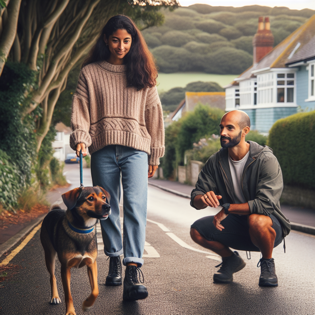 UK trainer coaching a mixed breed dog on loose lead walking in a leafy Dorset street near coast and countryside