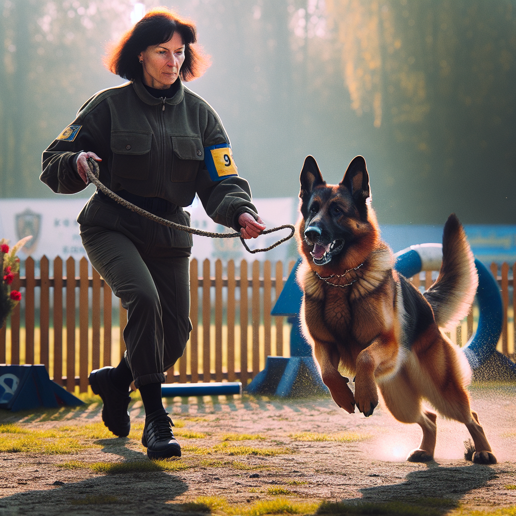 IGP handler warming up a focused German Shepherd near the obedience ring with precise heeling and calm engagement