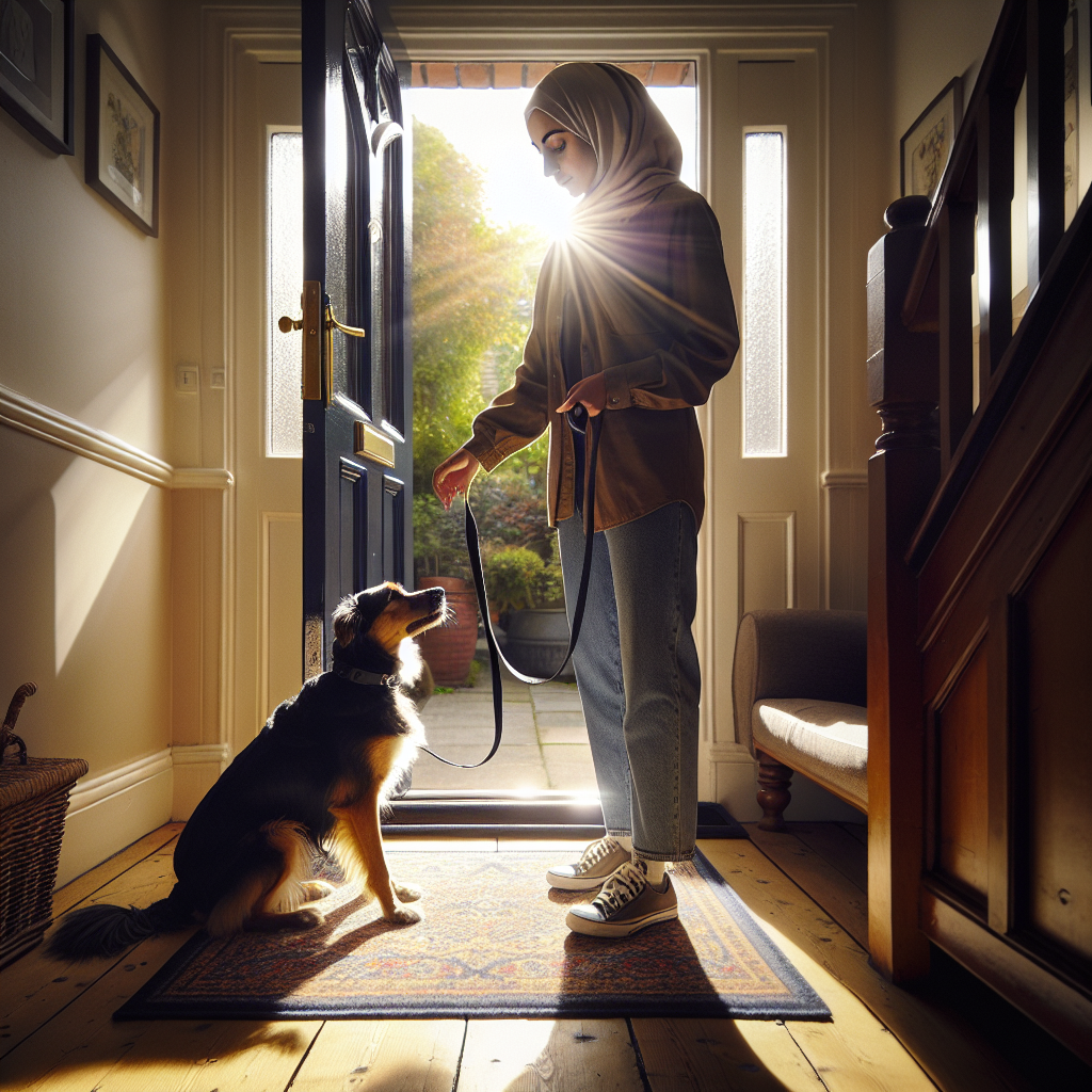 Trainer guides a calm down at an open front door for a controlled transition in a UK home
