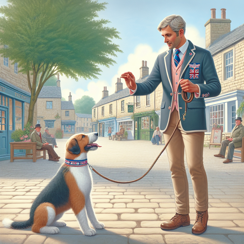 Trainer practising loose lead walking and recall with a dog in a Sherborne market-town street and nearby green space