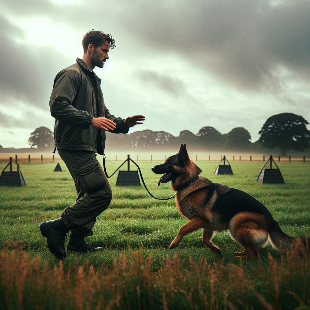Handler and German Shepherd rehearsing focused heel with calm energy before a trial