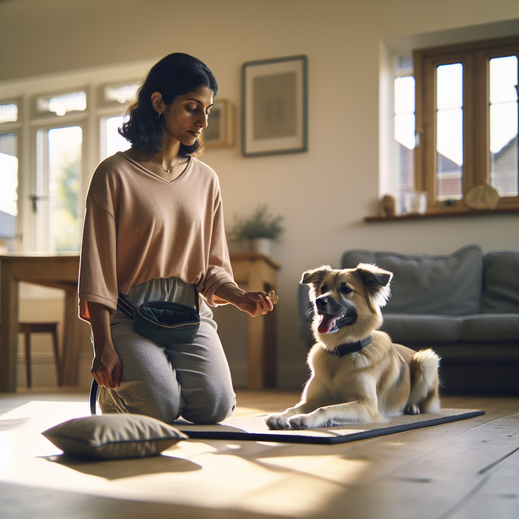 UK trainer rewarding a relaxed dog holding a stay on a mat in a bright living room