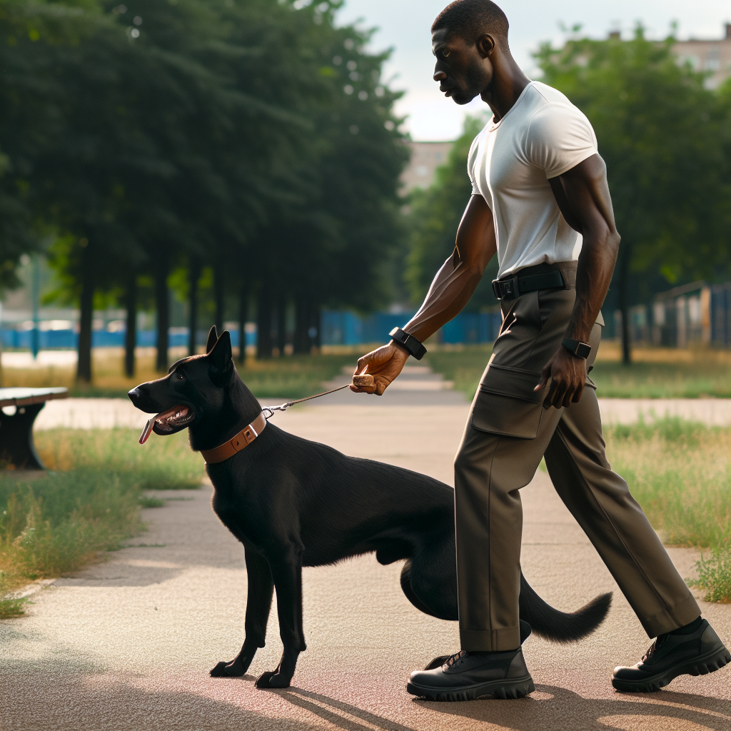 Trainer guiding a working breed dog in precise heel position with reward at the hip in a UK park