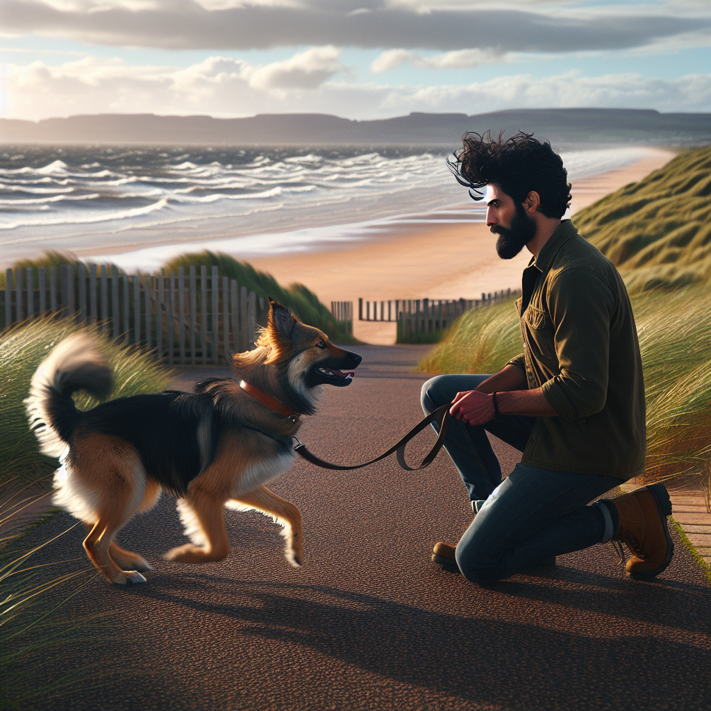 Trainer practicing heel and recall with a mixed breed dog on a coastal path in Ayr