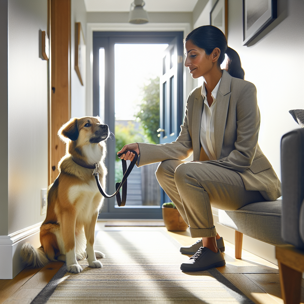 Trainer guiding a calm family dog to wait behind a doorway boundary in a UK home