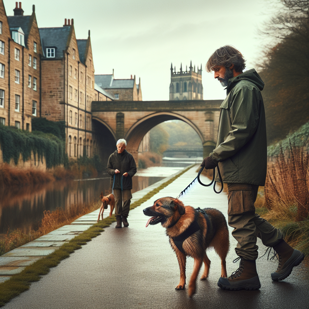 Smart trainer practising loose lead walking with a mixed-breed dog on a riverside path in Durham