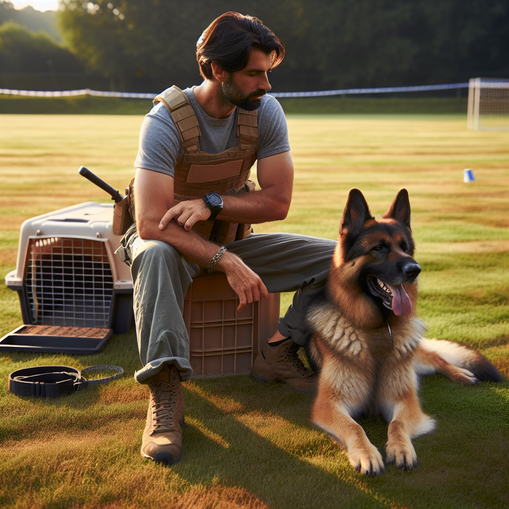 Handler and German Shepherd warming up calmly at an IGP trial field with crate setup