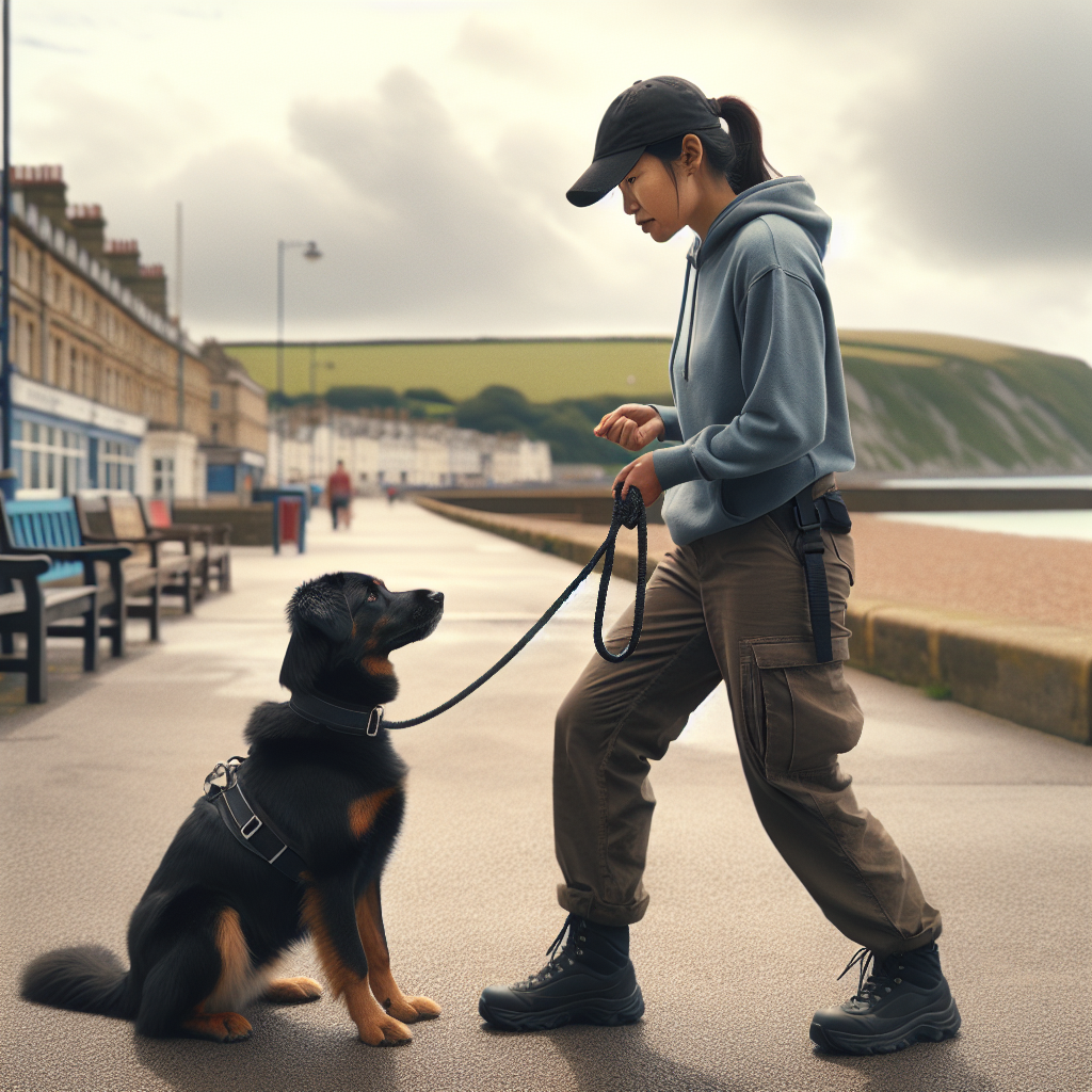 Trainer practising loose-lead walking and recall with a calm dog in a UK coastal town