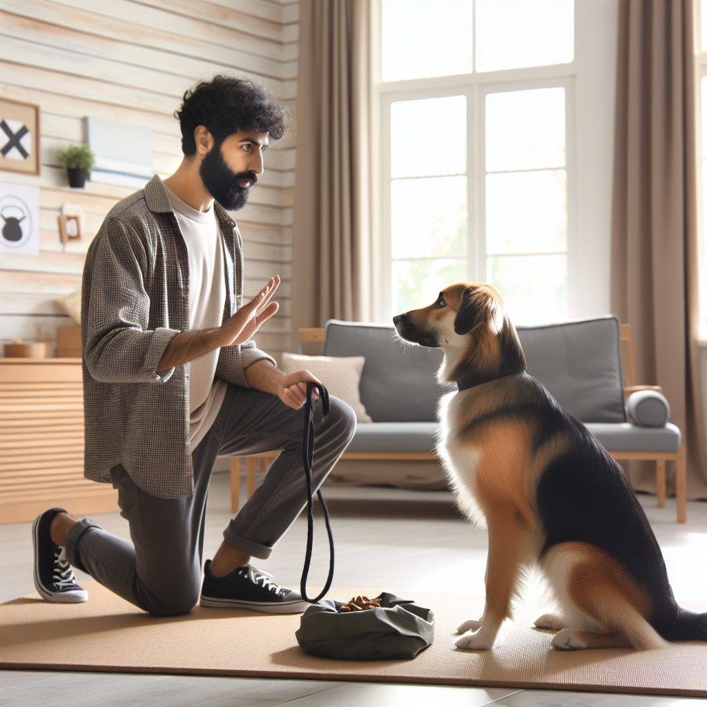 Trainer using a verbal marker with a mixed breed dog holding a sit on a mat in a bright UK living room