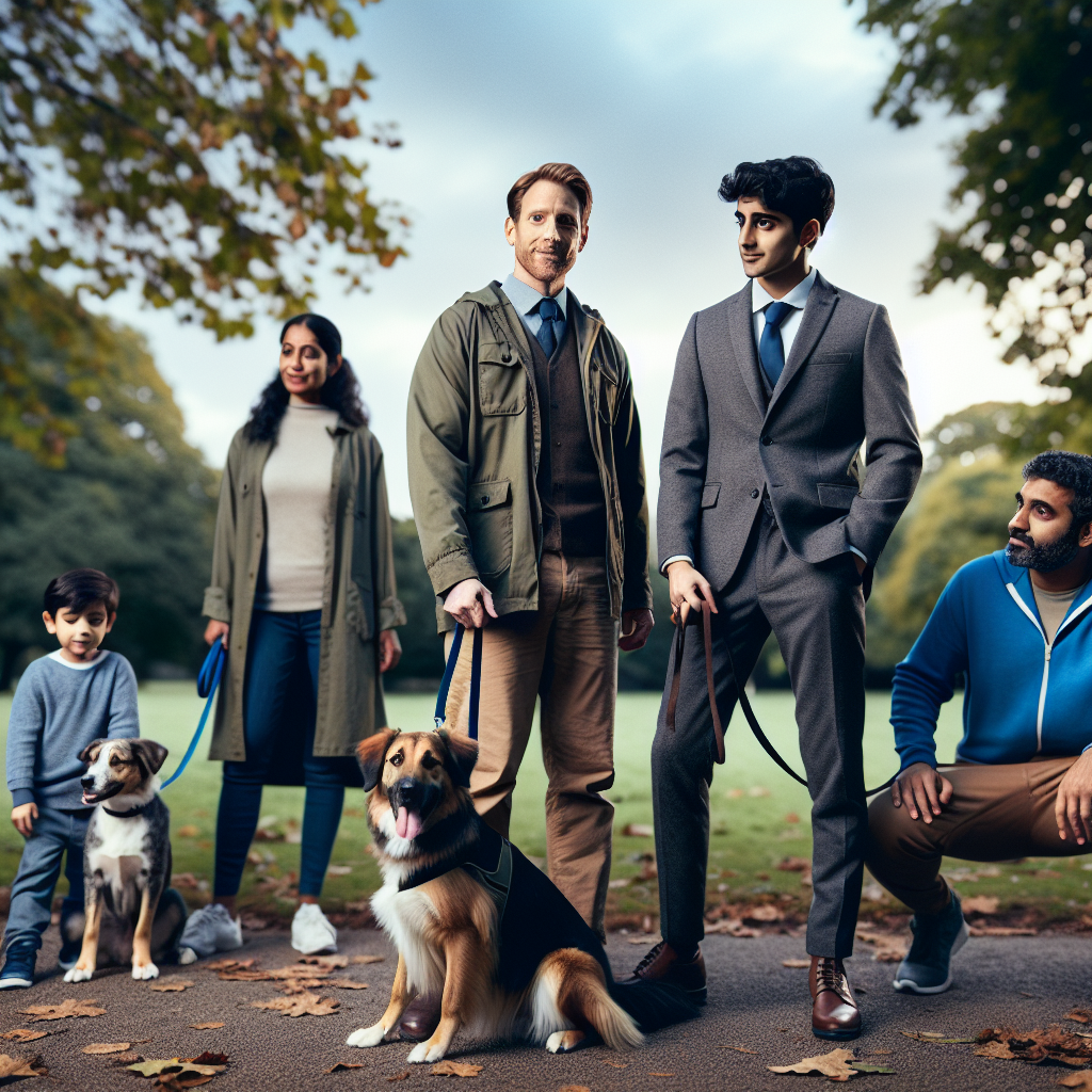 Smart trainer coaching a family on lead manners and recall with their dog in a leafy UK park