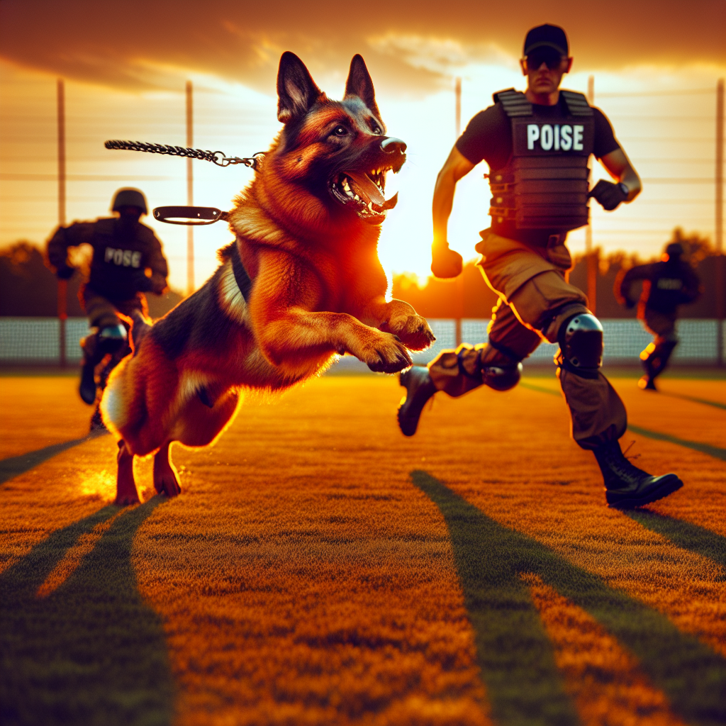 IGP dog in a controlled bark and guard with helper and handler building rhythm and pattern on a UK field