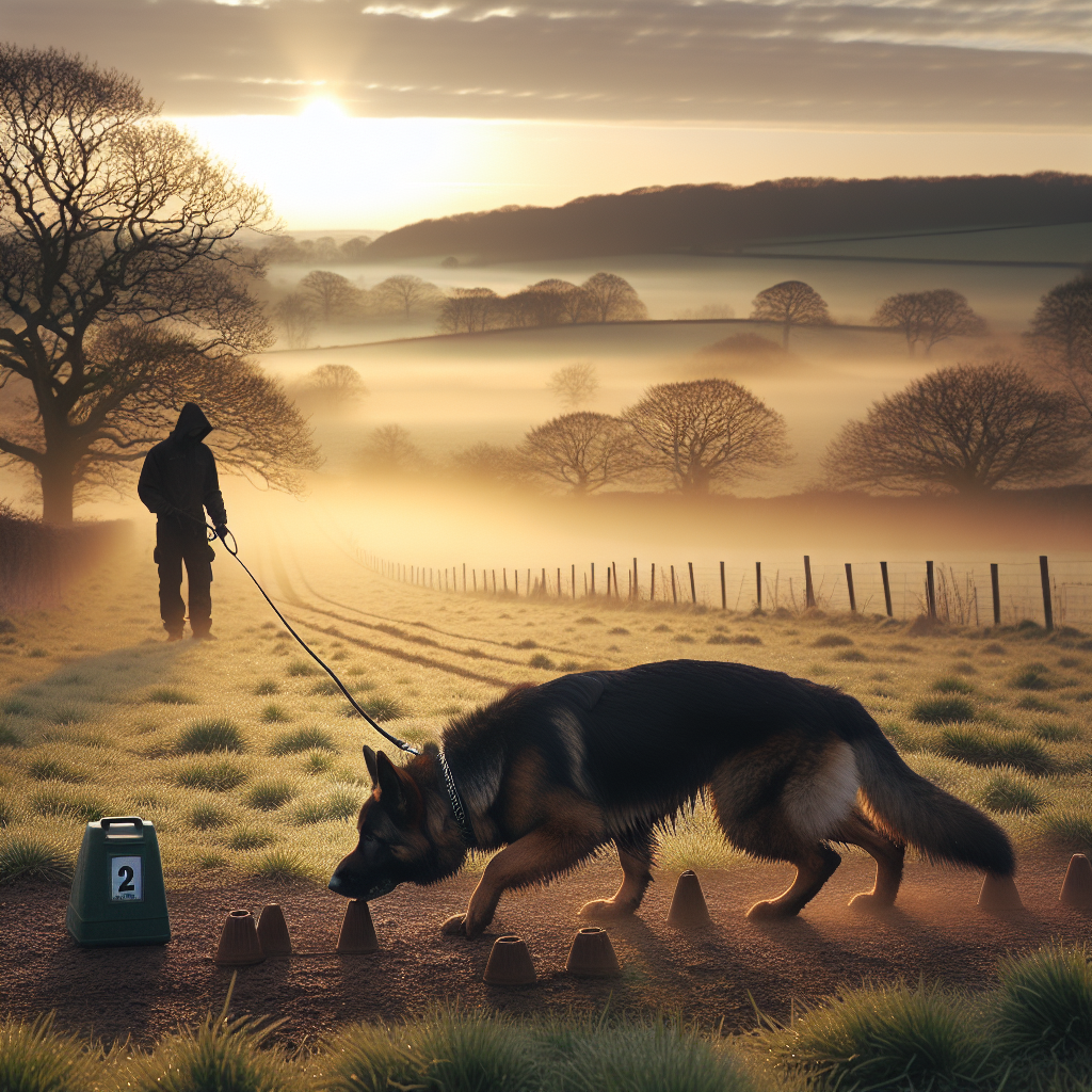 German Shepherd tracking with nose down on a long line in a misty UK field with a professional trainer guiding calmly