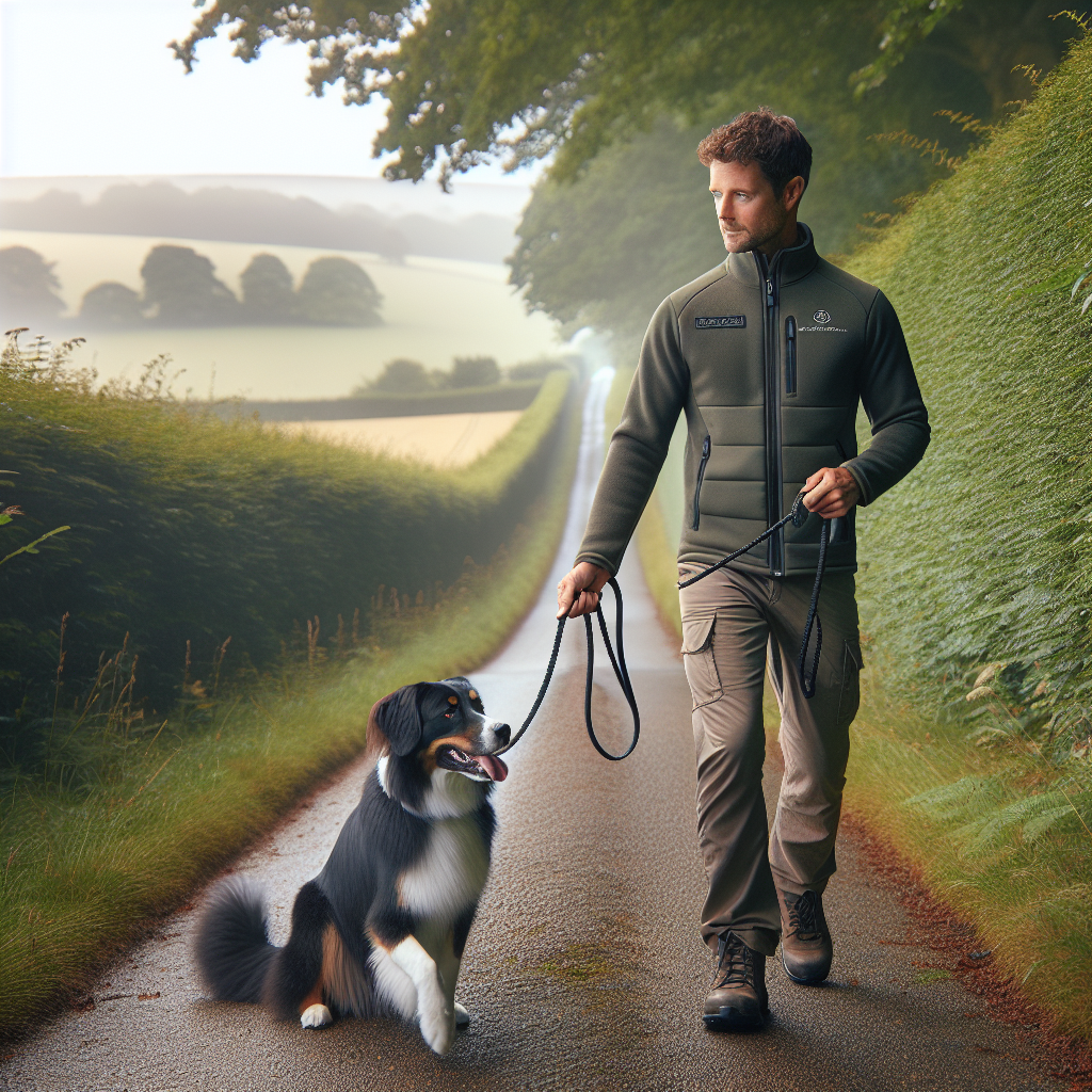 Trainer practising loose lead walking with a mixed breed dog on a quiet country lane near Midhurst
