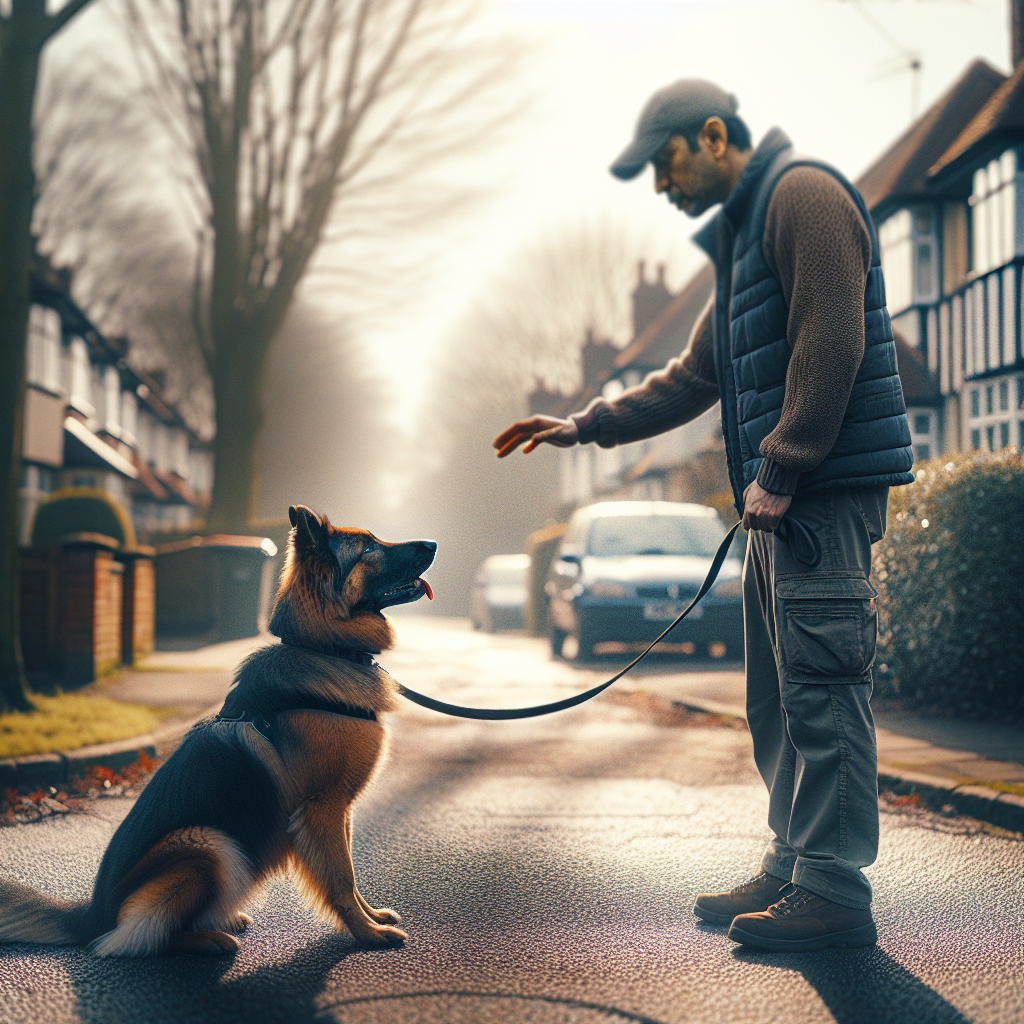 Trainer guiding a shepherd with a loose lead using clean pressure and release on a UK street