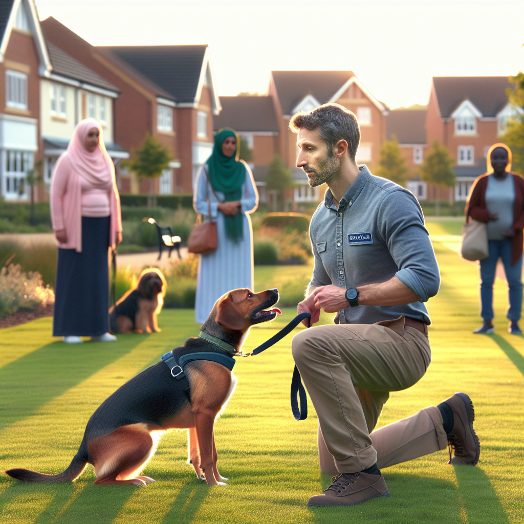 Smart trainer heeling a mixed-breed dog in a leafy Basingstoke-style park