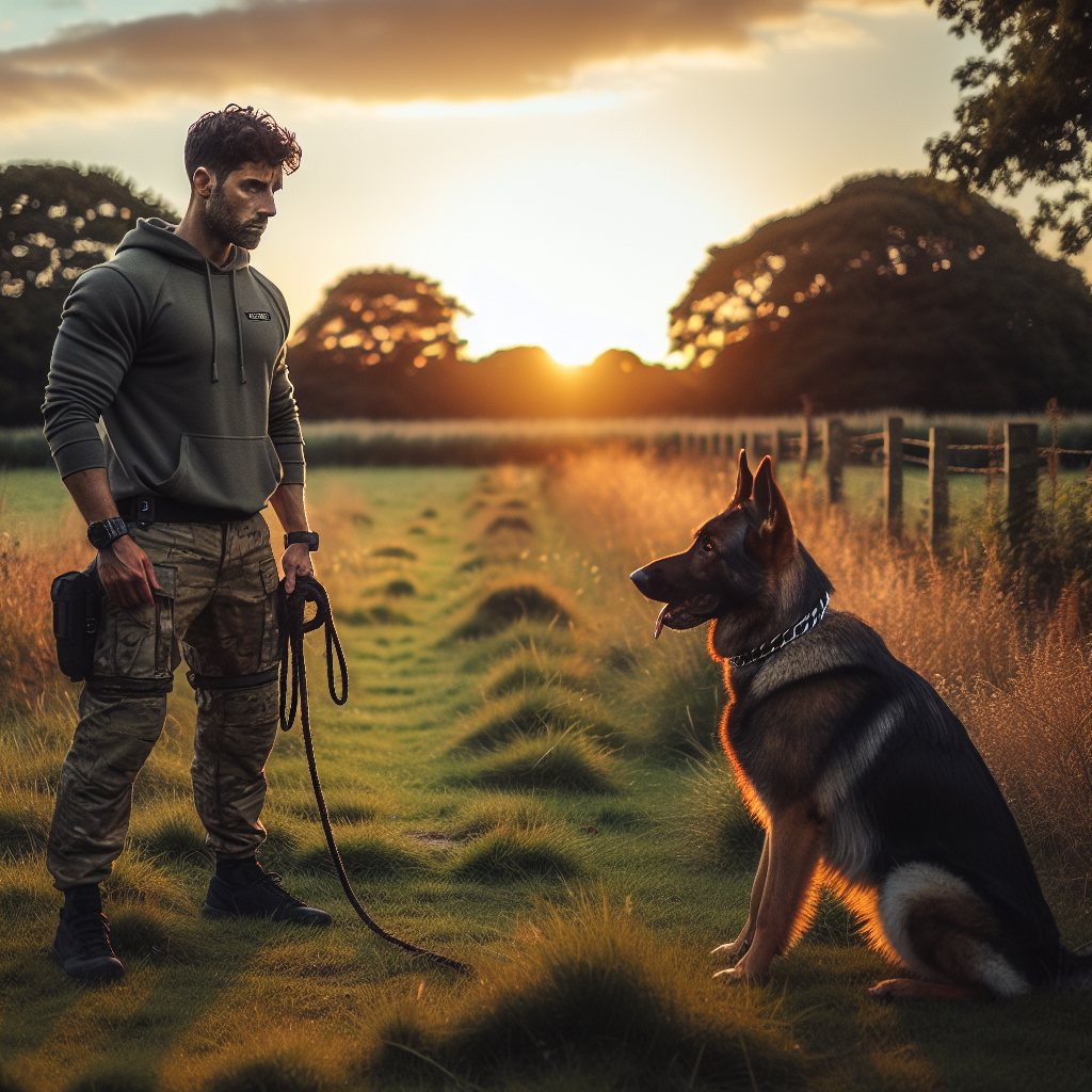 German Shepherd holds focus on a trainer at 20 metres during IGP distance engagement shaping on a UK field