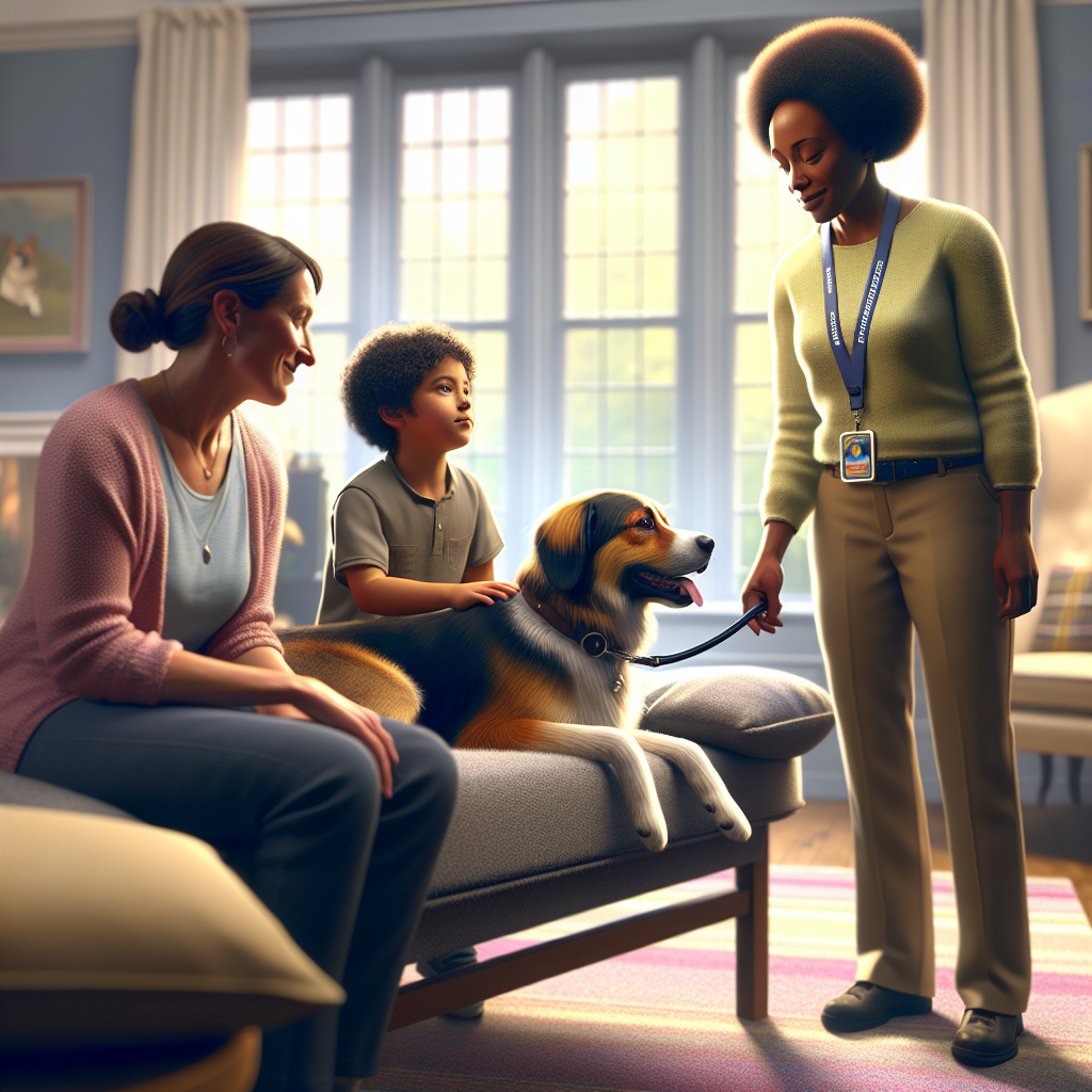 Dog holding Place while a trainer guides a family on doorway manners in a UK home