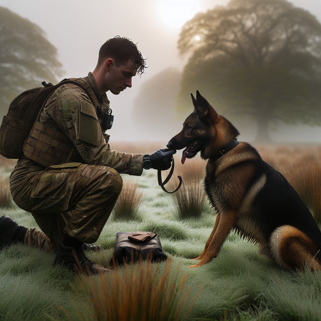 German Shepherd indicating a tracking article as a UK trainer approaches on a dewy field