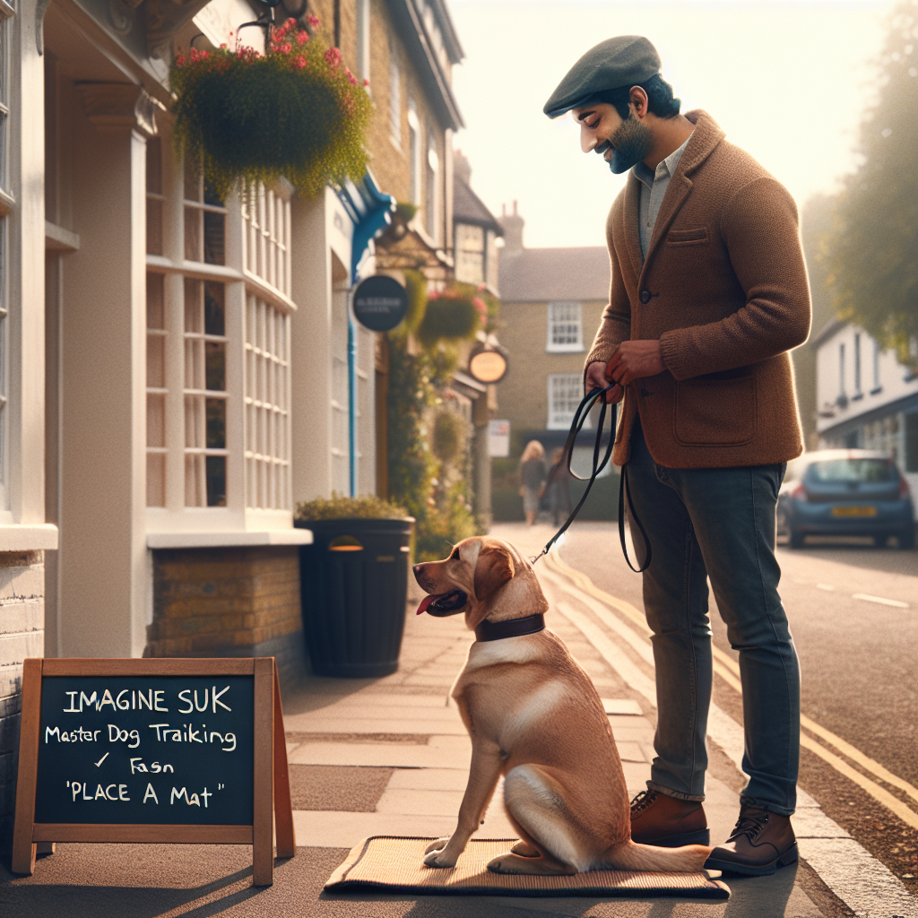 Smart trainer practising loose lead walking and Place with a Labrador on a UK street