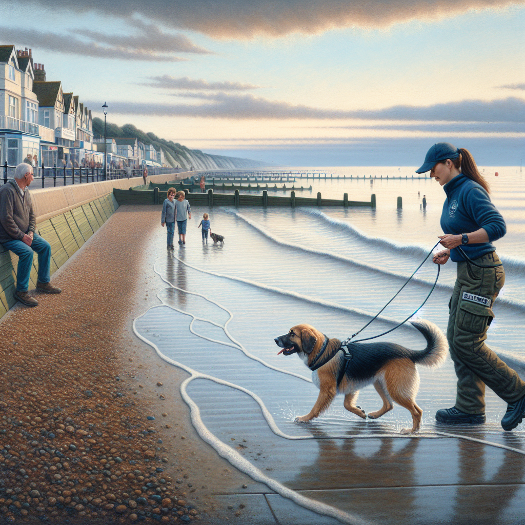 Trainer practising loose lead walking with a dog on a Leigh-on-Sea coastal path at dusk