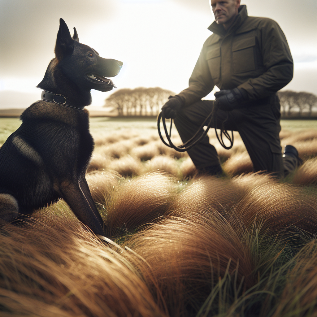 Working dog practicing a full calm sleeve grip with a trainer and decoy in a UK field