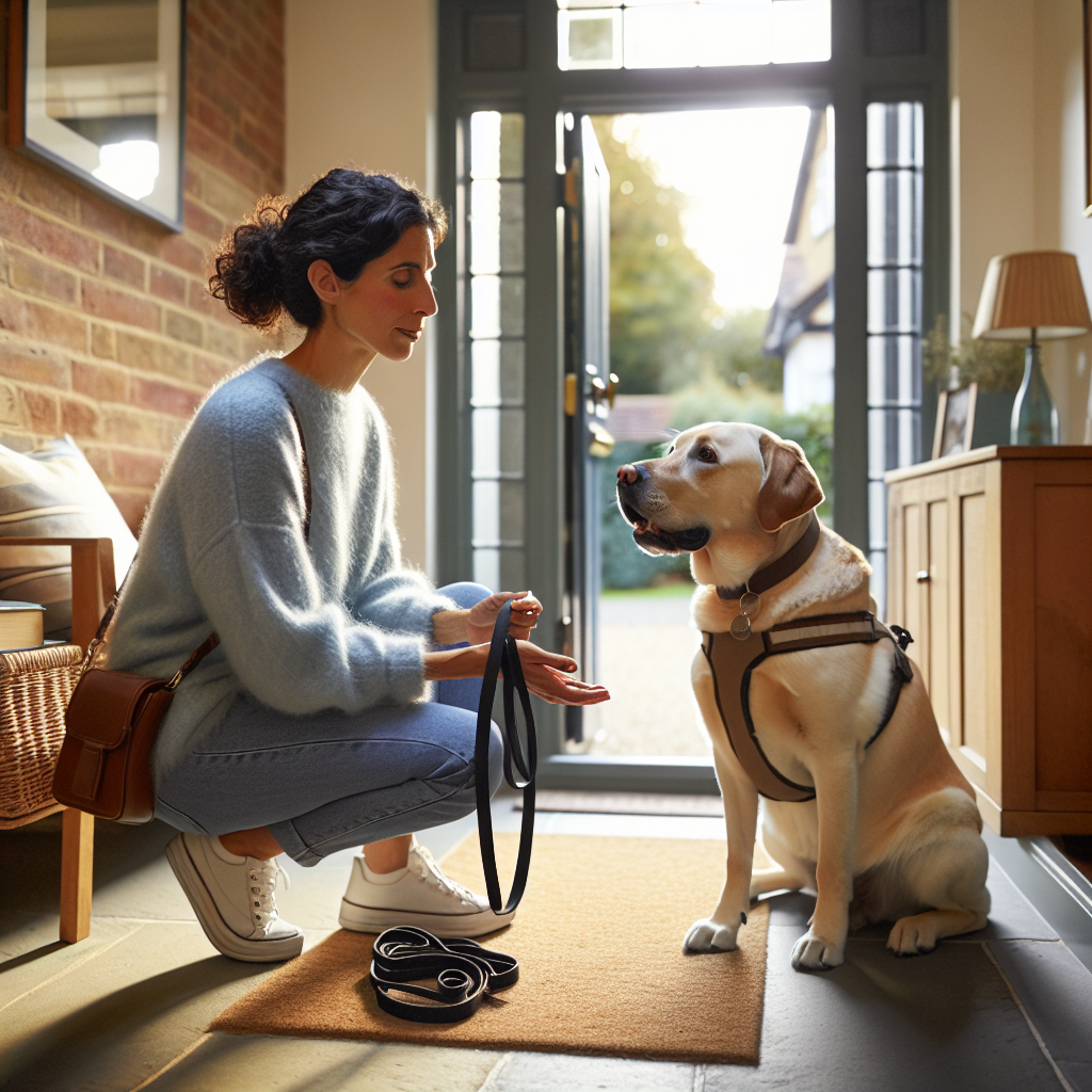Smart trainer guiding a Labrador to sit calmly at the door before a walk in a modern UK home