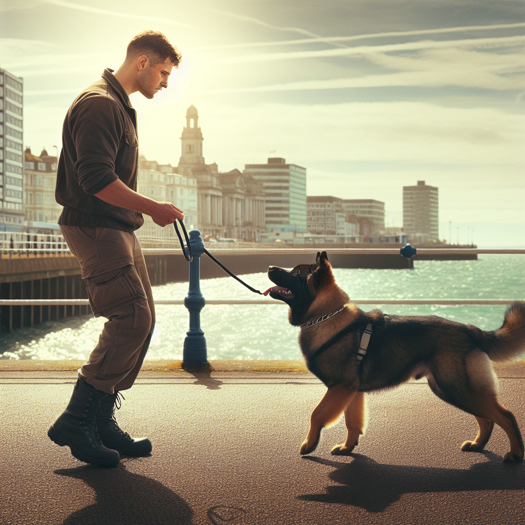 Trainer practising loose lead walking with a focused dog near a Portsmouth seaside promenade