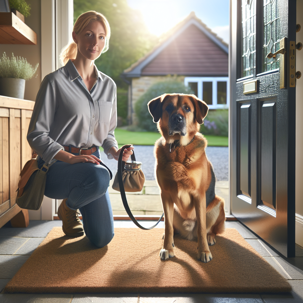 Trainer guiding a calm dog to wait at an open front door on a loose lead