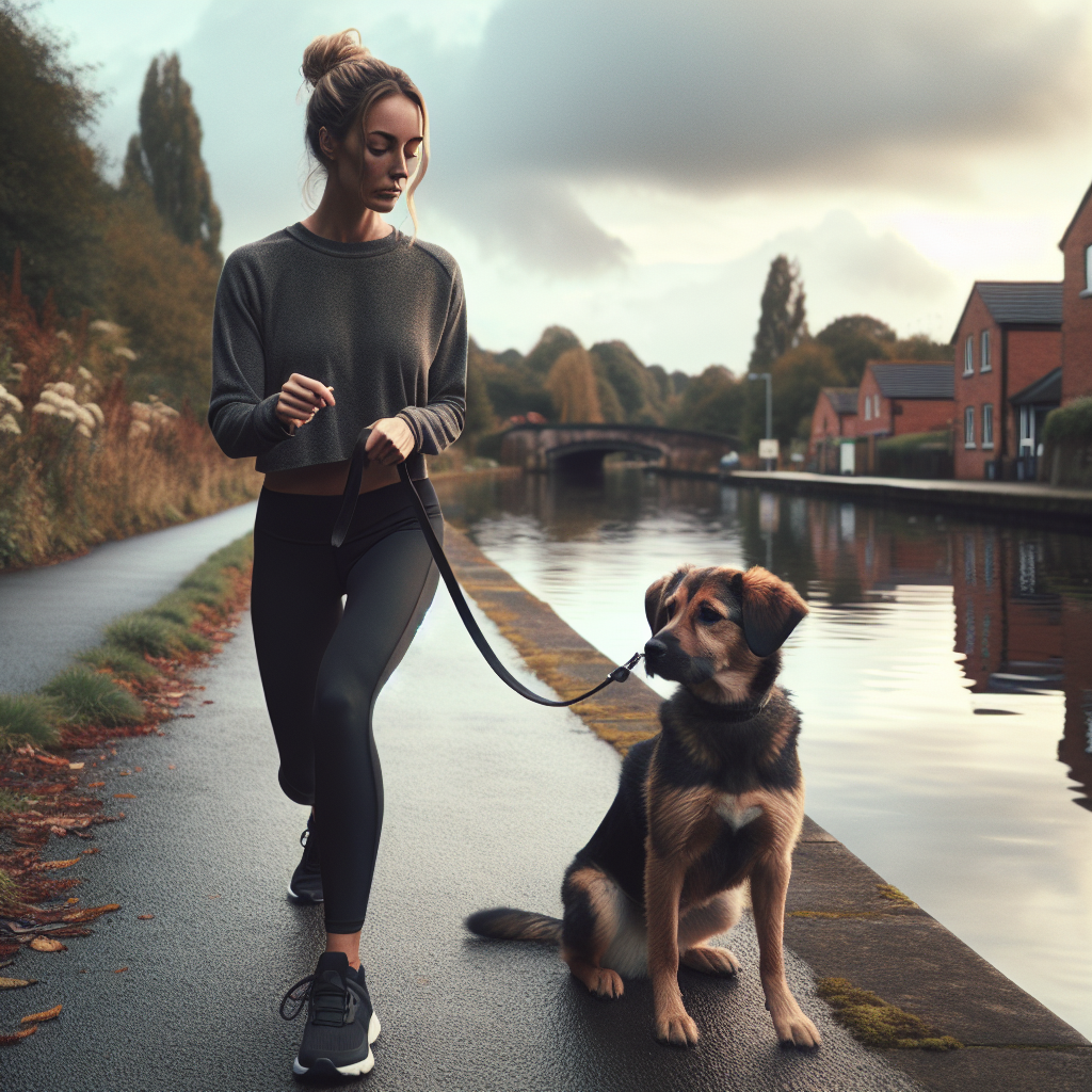 Trainer practising loose lead walking with a mixed-breed dog on a Chadderton canal towpath