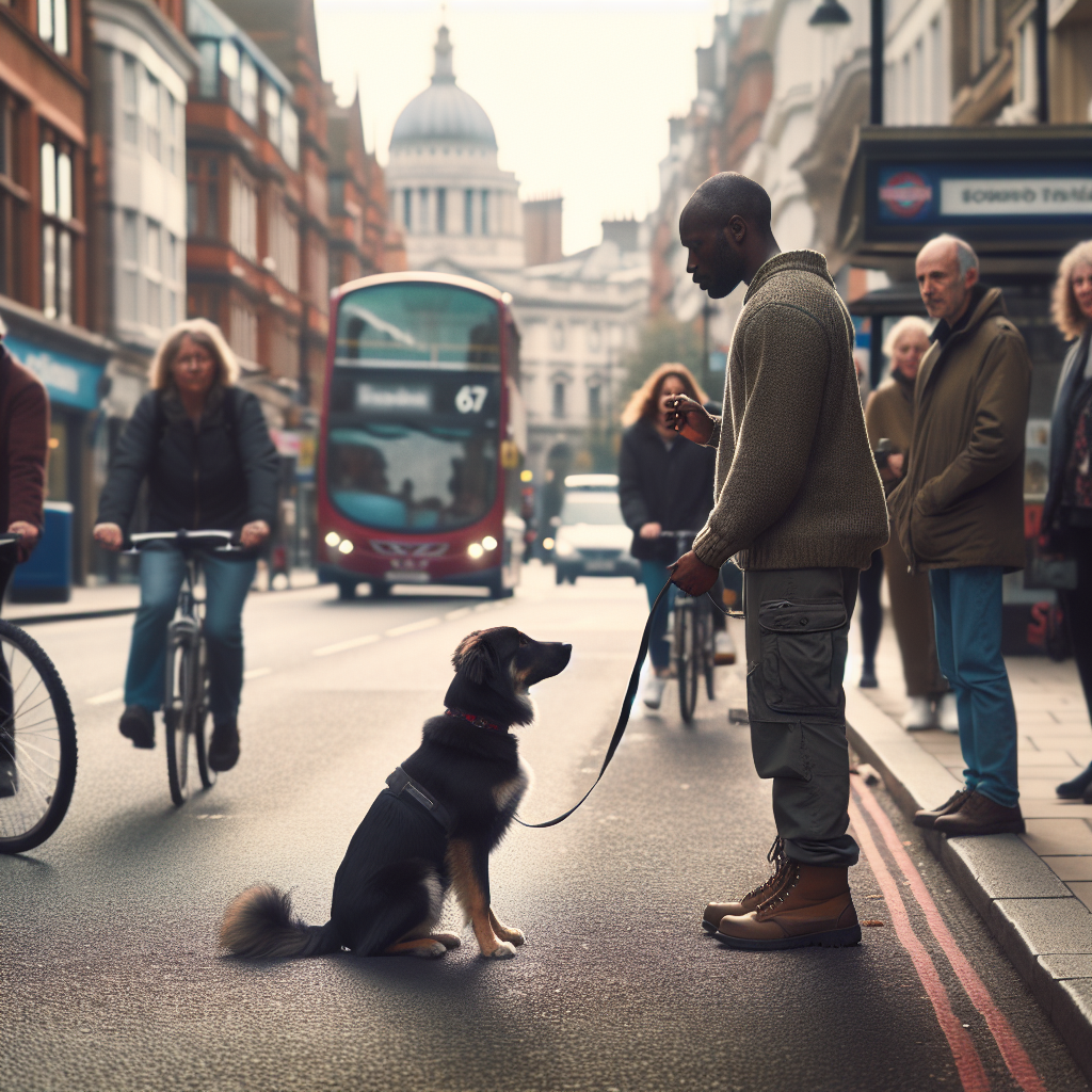 Trainer proofing a sit stay on a UK street as bikes and a bus pass by