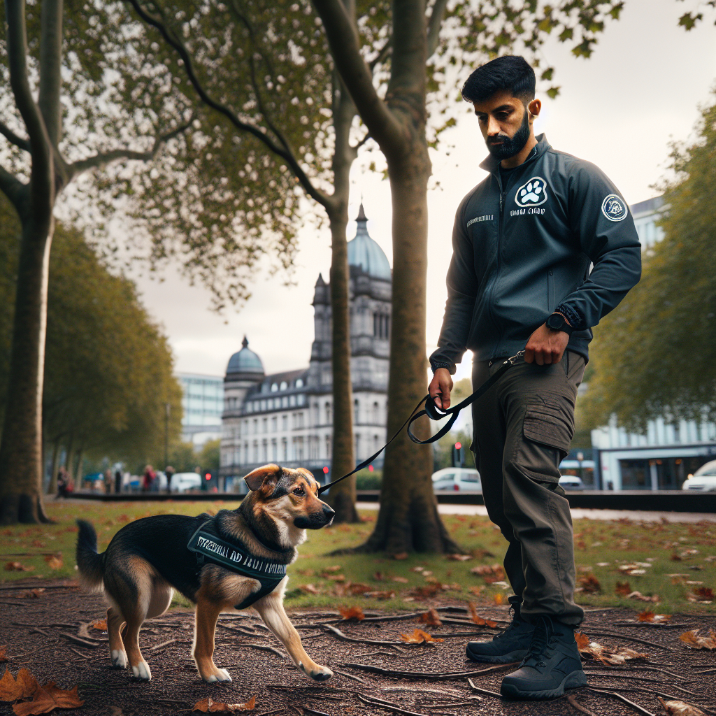 Smart trainer practising loose lead walking with a mixed breed dog in a leafy Cardiff park