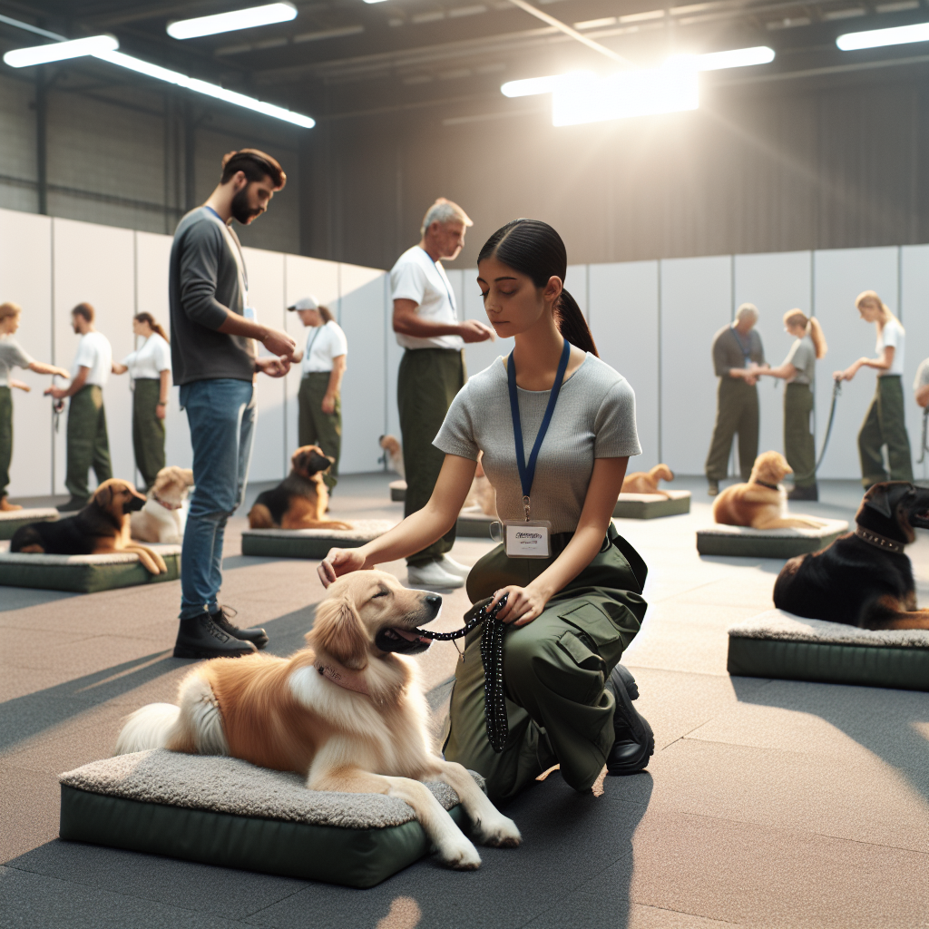 Trainer coaching a handler to reward a calm down on a mat during a UK group dog class